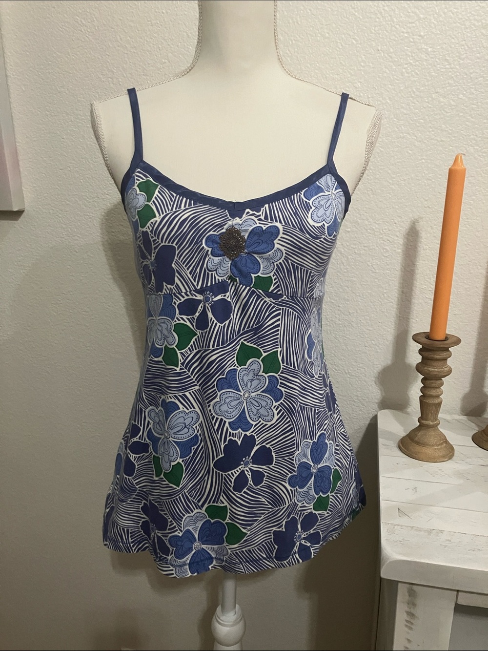Y2k Sonoma Blue Floral Spaghetti Strap Babydoll Top